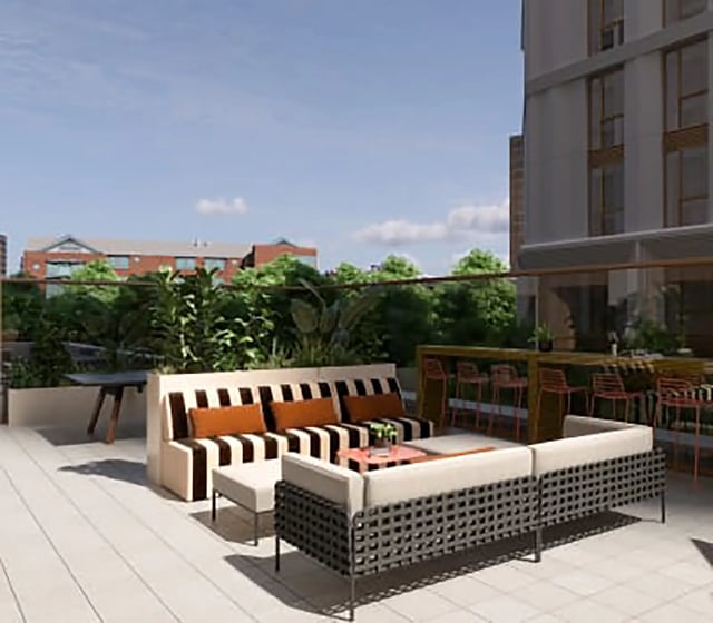 Outdoor seating with lounge furniture and bar area Exterior at Threadworks in Leeds Student Accommodation
