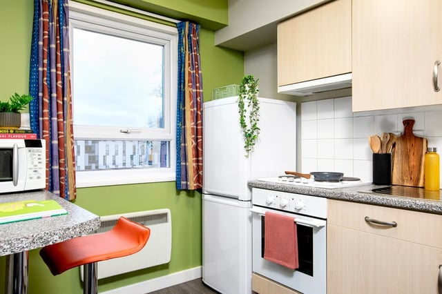 Microwave fridge stove counter workspace kitchen at Raglan House in Coventry Student Accommodation