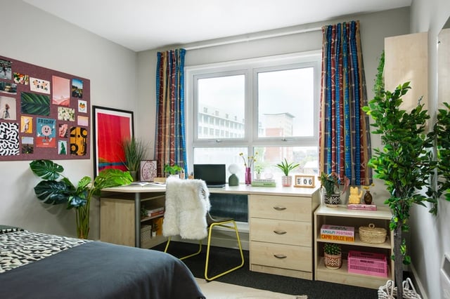 Desk chair laptop plants corkboard with art bedroom at Raglan House in Coventry Student Accommodation