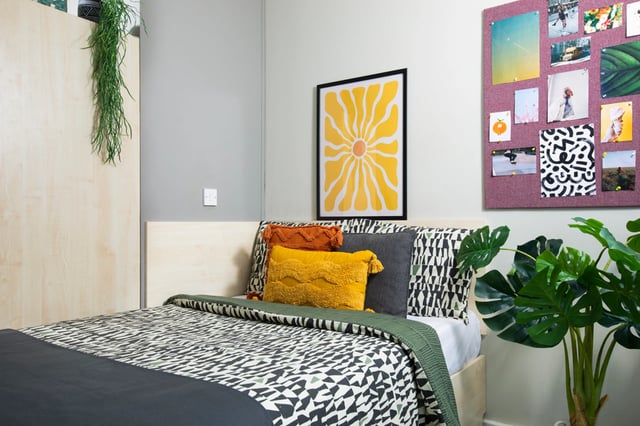 Bed with patterned bedding and colorful cushions Bedroom at Raglan House in Coventry Student Accommodation