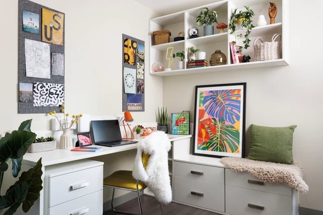 Desk with laptop plants and art study area at The Old Printworks in Edinburgh Student Accommodation