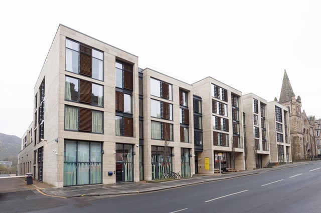 Modern apartments with large windows and shutters exterior at Salisbury court in Edinburgh Student Accommodation