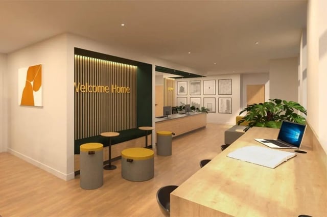 Welcome Home reception seating area with desks living room at Jennens Court in Birmingham Student Accommodation
