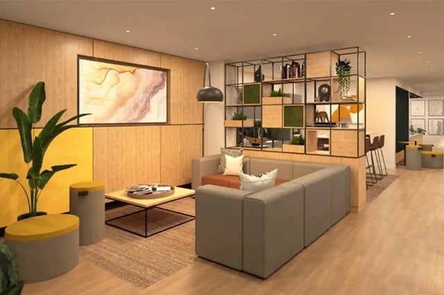 Modern living area with sofa and shelving unit Living room at Jennens Court in Birmingham Student Accommodation