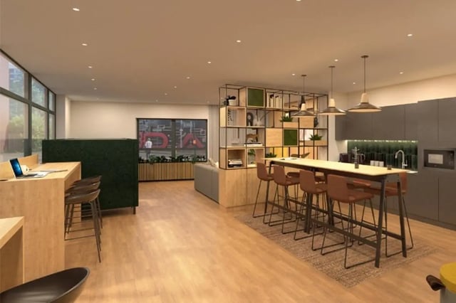 Bar stools at long table kitchen living area at Jennens Court in Birmingham Student Accommodation