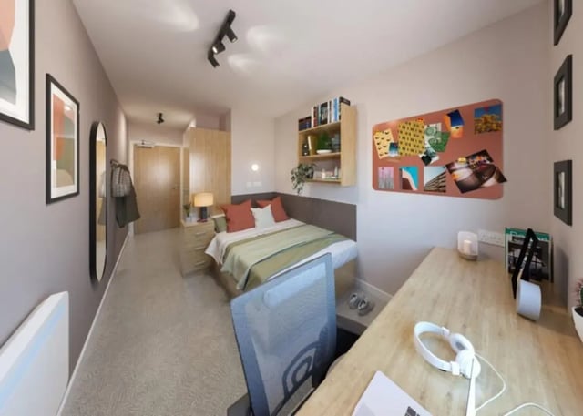 Bed desk mirror and corkboard bedroom at Jennens Court in Birmingham Student Accommodation