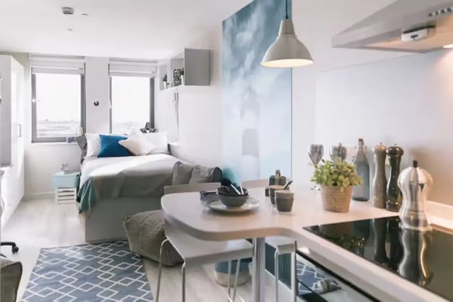 Bed desk and kitchen area studio apartment at Europa House in Portsmouth Student Accommodation