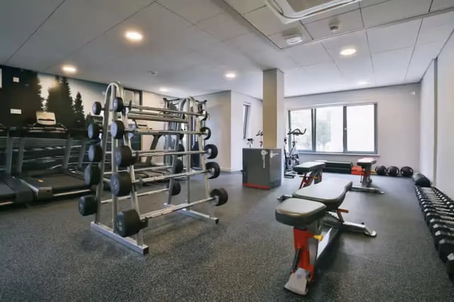 Treadmills weight rack exercise benches gym equipment fitness area at Europa House in Portsmouth Student Accommodation