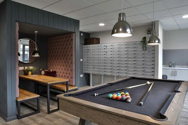 Pool table built-in seating and mailboxes playing area at Percy's Place in York Student Accommodation