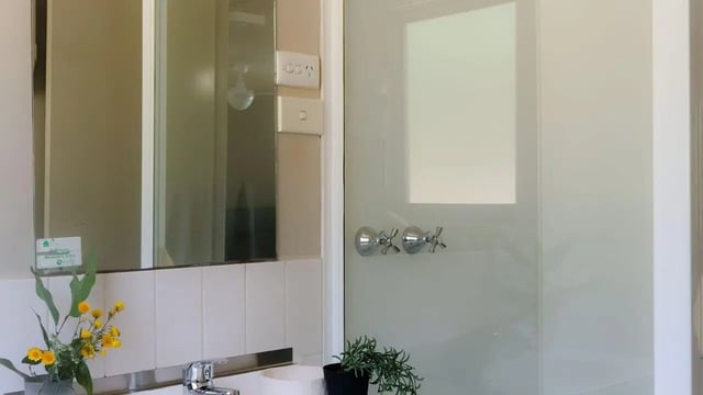 Sink mirror taps shower head plants bathroom at La Trobe University - Terraces in Melbourne Student Accommodation
