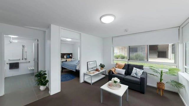 Bedroom shower couch living room exterior at UniLodge @ UC - Campus West & Guginya in Canberra Student Accommodation