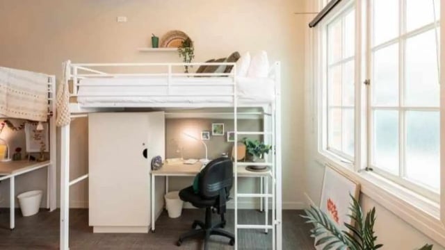 Loft bed desk and storage student bedroom at UniLodge Herston in Brisbane Student Accommodation