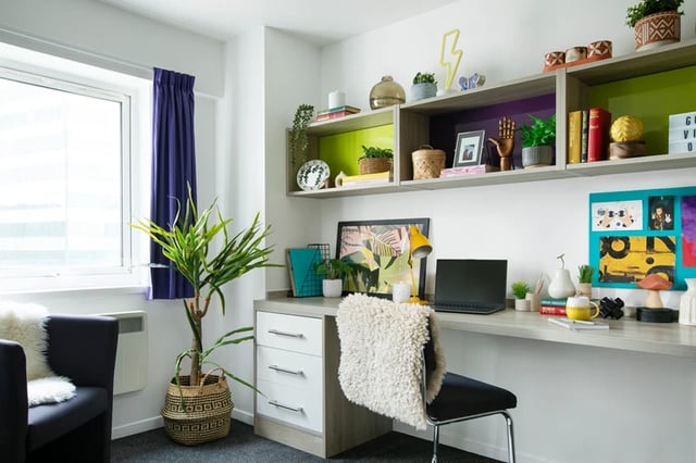 Desk with laptop plants and chair Study Area at Ty Pont Haearn in Cardiff Student Accommodation