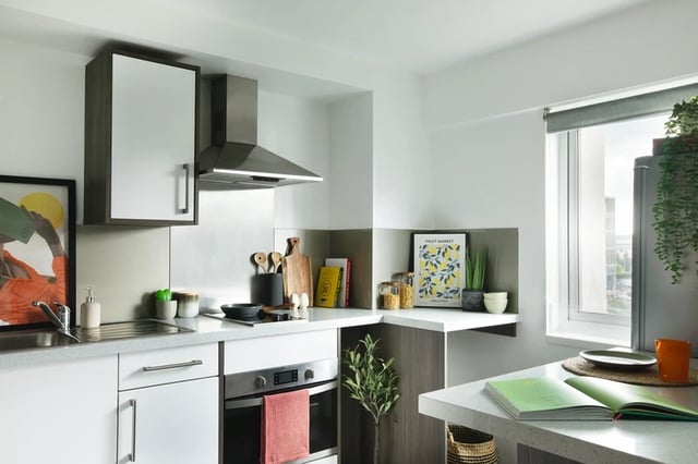 Modern kitchen with sleek cabinets stove and sink kitchen at Ty Pont Haearn in Cardiff Student Accommodation
