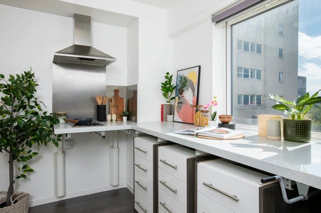 Countertop with drawers plants art kitchen. at Ty Pont Haearn in Cardiff Student Accommodation