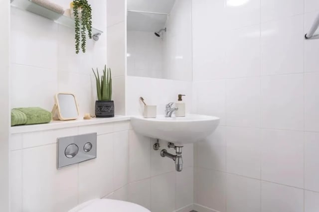 Sink toilet mirror shelving plant bathroom at Wellington St Plaza in Newcastle Upon Tyne Student Accommodation