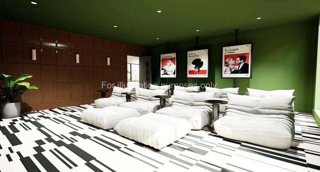 Beanbag chairs movie posters patterned floor cinema room at The Sail Works in Lancaster Student Accommodation