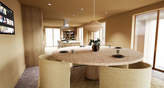 Round dining table with chairs kitchen and TV living area at The Sail Works in Lancaster Student Accommodation