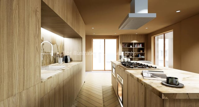 Modern kitchen with wood cabinets and island kitchen at The Sail Works in Lancaster Student Accommodation