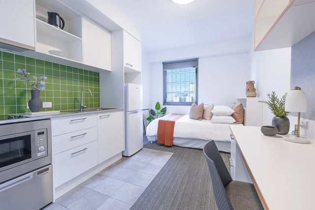Studio apartment with kitchen bed desk. at dwell East End Adelaide in Adelaide Student Accommodation