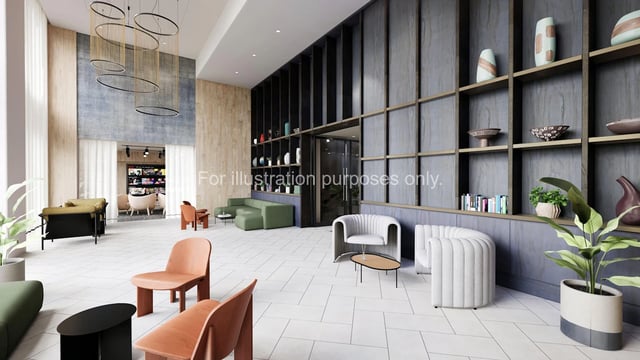 Modern lounge area with stylish seating and shelving Living room at The Fabric Works in Leeds Student Accommodation