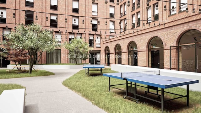 Ping pong tables trees and picnic table exterior at The Fabric Works in Leeds Student Accommodation