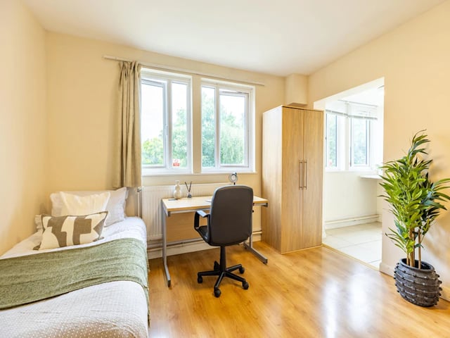Bed desk wardrobe plant bedroom at Brooke Hall in London Student Accommodation