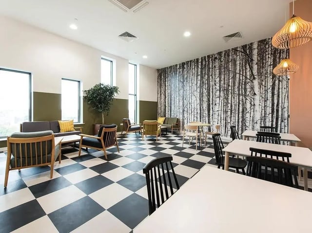 Sofas chairs tables with birch tree wallpaper communal area at Yugo Catherine House in Portsmouth Student Accommodation