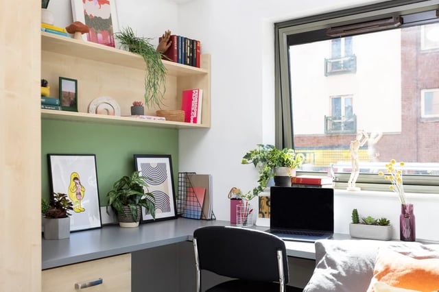 Desk with laptop plants and shelves study area at Sir Charles Groves Hall in Manchester Student Accommodation
