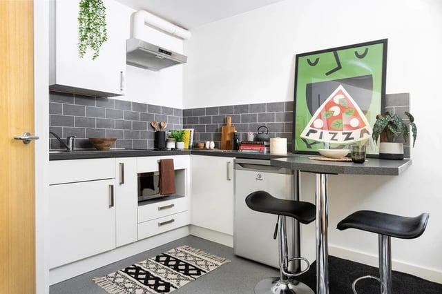 White cabinets mini fridge pizza art kitchen at Sir Charles Groves Hall in Manchester Student Accommodation