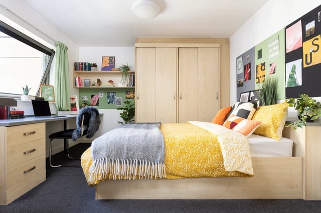 Bed desk wardrobe and decorations bedroom at Sir Charles Groves Hall in Manchester Student Accommodation