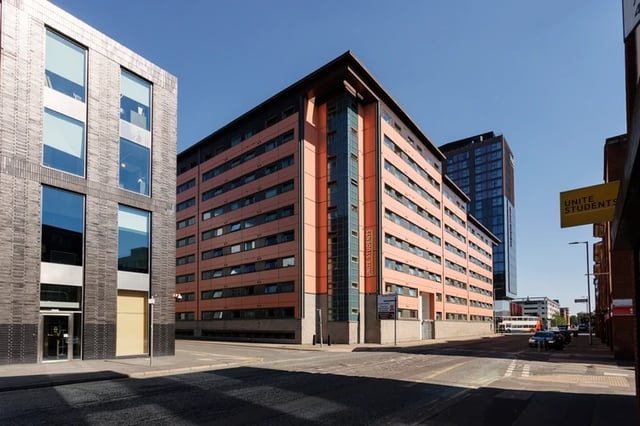 Modern student accommodation buildings exterior view at Sir Charles Groves Hall in Manchester Student Accommodation