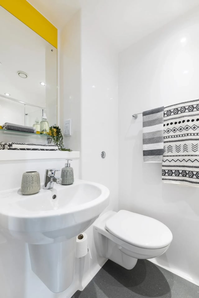 Sink soap dispenser towels and toilet bathroom at Pine Mill in Lincoln Student Accommodation