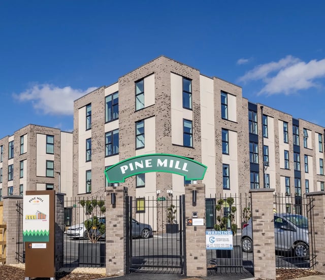 Pine Mill sign gate and building exterior at Pine Mill in Lincoln Student Accommodation