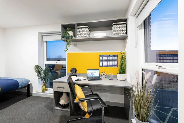 Desk laptop planner and chair study area at Pine Mill in Lincoln Student Accommodation