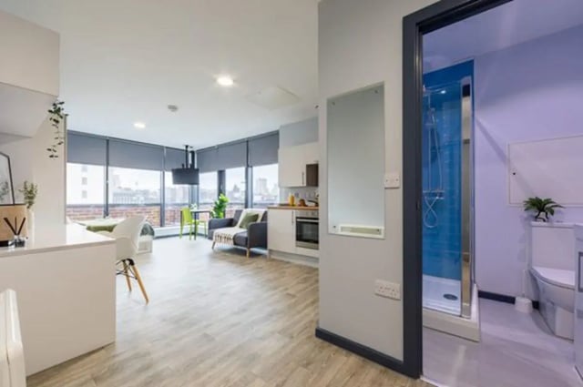 Studio apartment with kitchen sofa bed bathroom exterior at dwell Archer House in Nottingham Student Accommodation