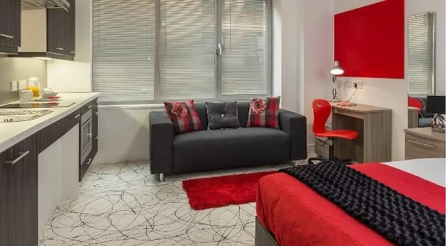 Kitchen sofa desk bed living room studio at Queens Gate in Southampton Student Accommodation