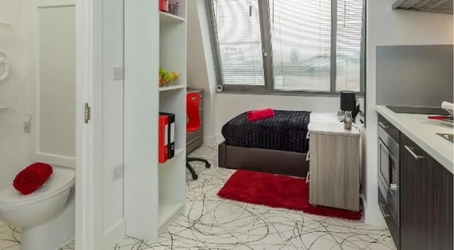 Toilet bed shelving kitchen student flat at Queens Gate in Southampton Student Accommodation