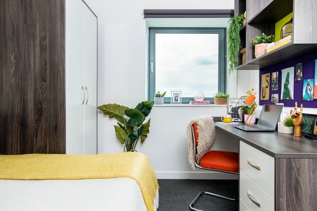 Bed desk plant window bedroom at Orion Point in Southampton Student Accommodation