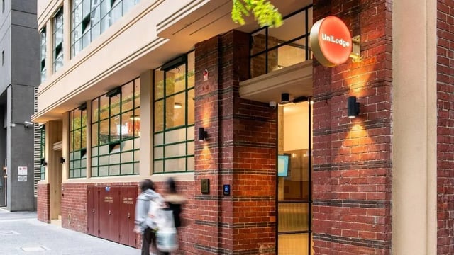 Brick building with UniLodge sign exterior at UniLodge Melbourne Flagstaff in Melbourne Student Accommodation