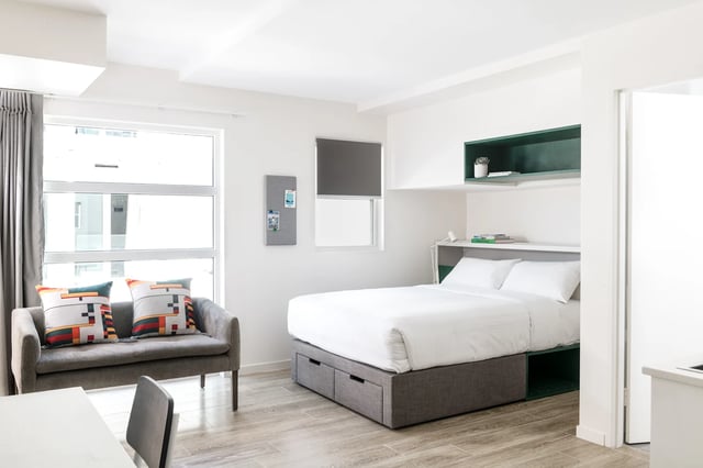 Bed sofa couch desk and shelves bedroom at UKO Stanmore in Sydney Student Accommodation