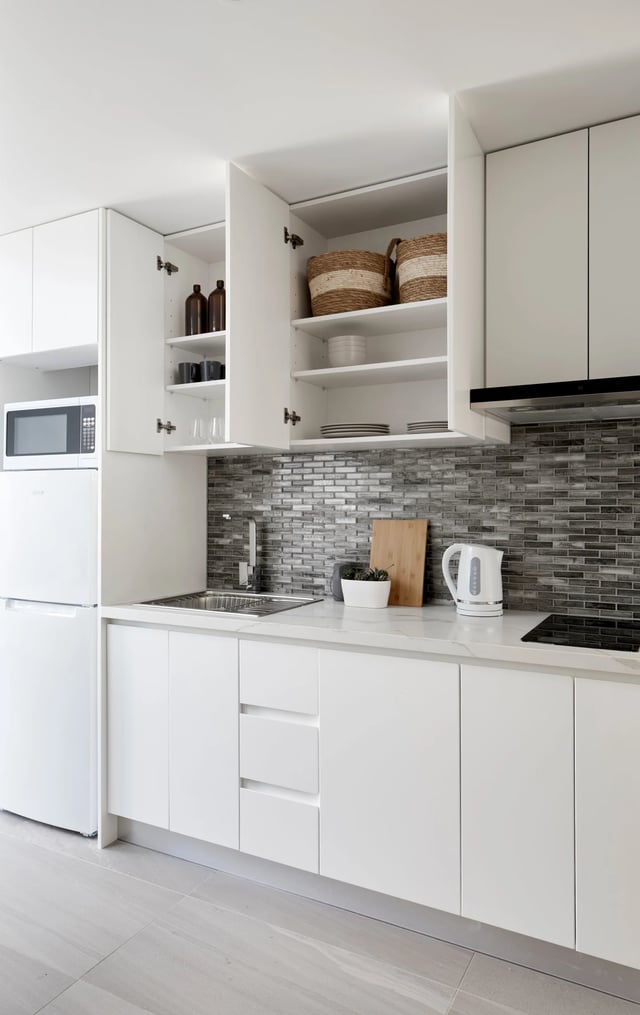 White cabinets microwave fridge sink tiling kitchen at UKO West Ryde in Sydney Student Accommodation