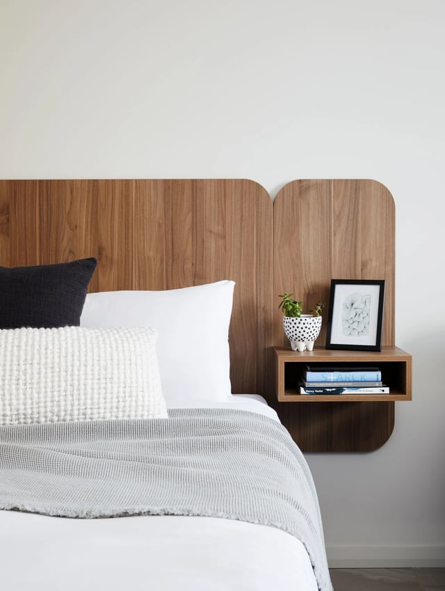 Pillows blanket and side table bedroom interior at UKO West Ryde in Sydney Student Accommodation