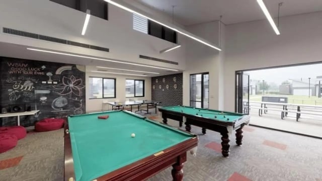 Pool tables ping pong tables beanbags recreation area at Western Sydney University Hawkesbury Village in Sydney Student Accommodation