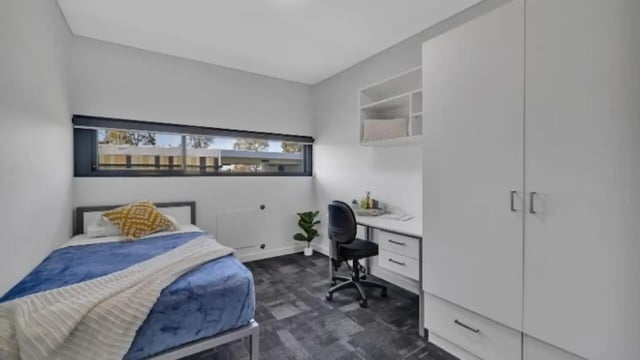 Bed desk plant and closet bedroom at Western Sydney University Penrith Village in Sydney Student Accommodation