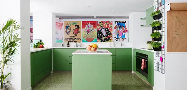 Green cabinets island fruit bowl posters kitchen at Scape Abercrombie in Sydney Student Accommodation