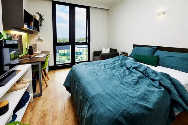 Bed desk shelves and chair bedroom at Scape at University of Sydney in Sydney Student Accommodation