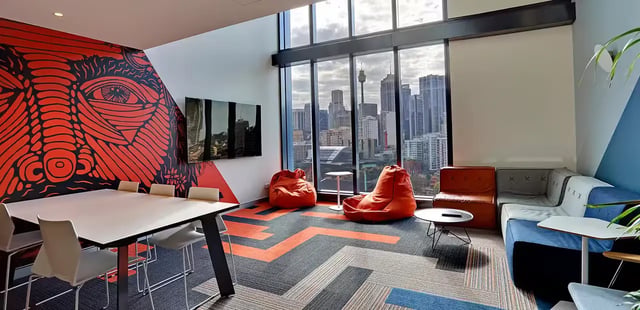Modern lounge with sofa beanbags table cityscape living room at Scape Darling House in Sydney Student Accommodation