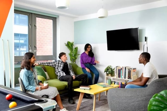 Sofa pool table TV and four people communal living room at Newarke Point in Leicester Student Accommodation