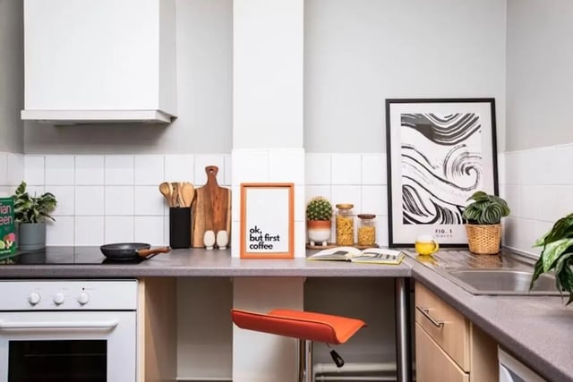 Stove cutting boards picture cactus jars kitchen at Newarke Point in Leicester Student Accommodation